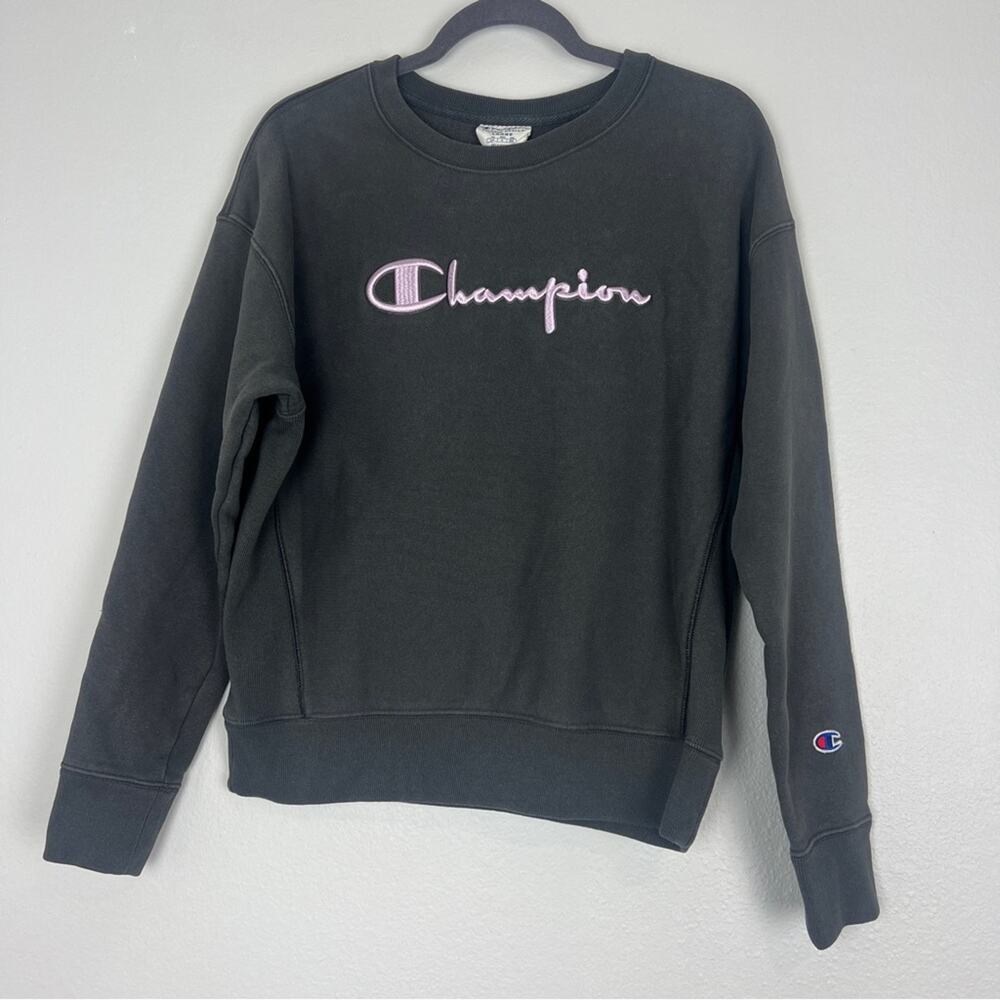 Champion Reverse Weave DarK Gray Crewneck Sweatshirt with White Lavender Logo L